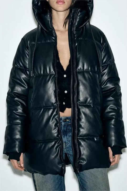 Hooded Faux Leather Coat Women Mid Length Leather Jacket Thermal Cold Proof Clothing Cotton Coat Jacket - ALTARIA