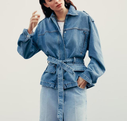 Spring Summer Women Clothing Commuting Lace up Denim Shacket - ALTARIA
