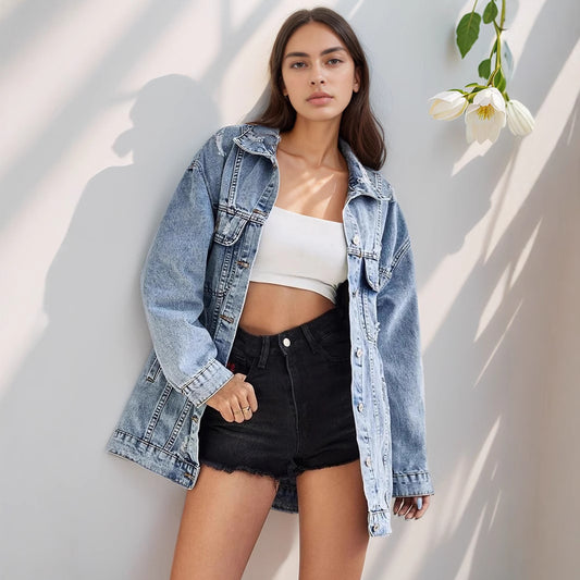 Women Ripped Collared Mid Length Denim Coat - ALTARIA