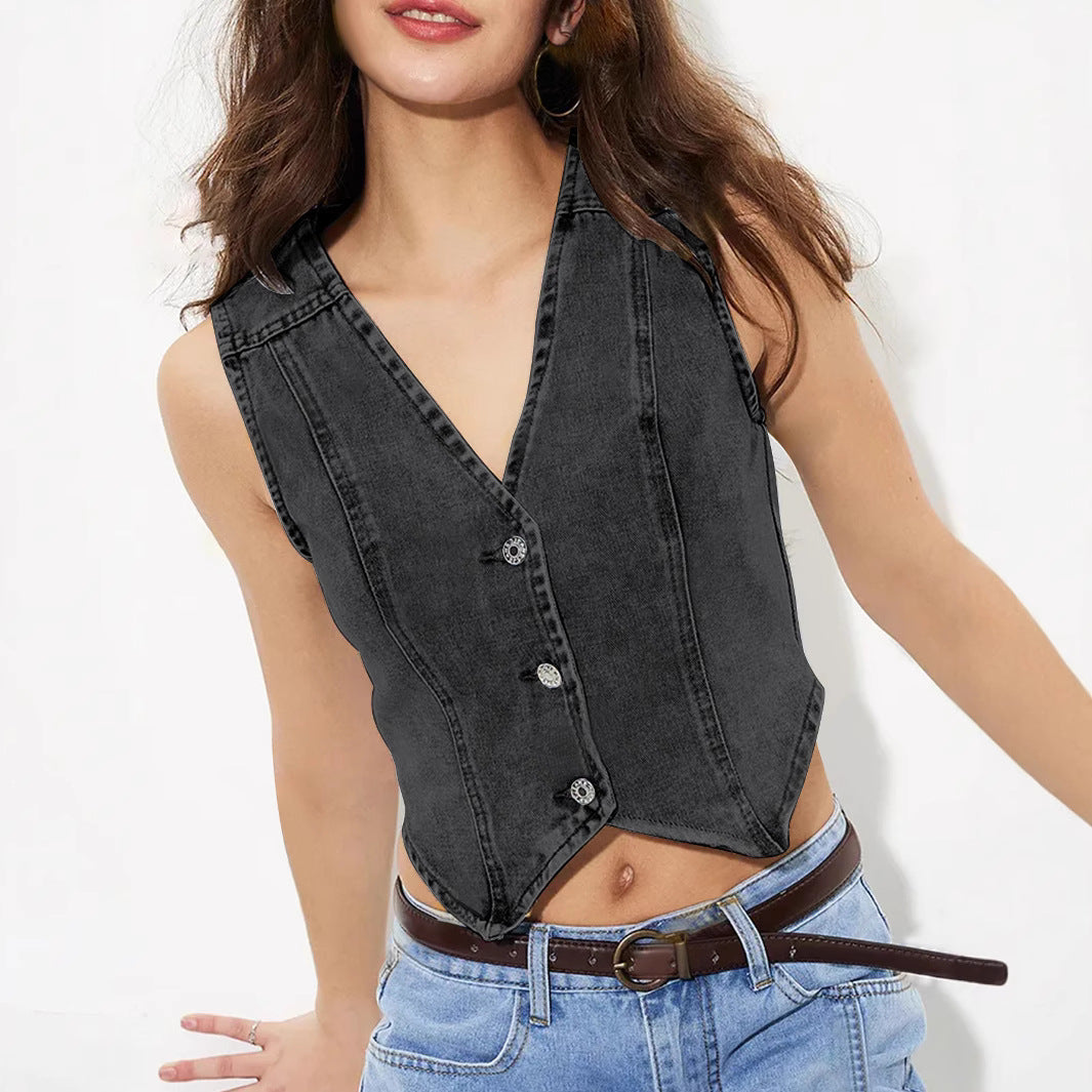 Women Clothing V neck Denim Vest Top - ALTARIA