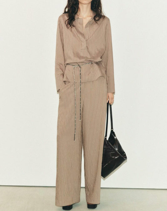 Women Clothing Spring Long Sleeve Loose Striped Shirt High Waist Wide Leg Pants - ALTARIA