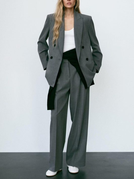 Women Double Breasted Blazer with Padded Shoulder Pant Sets - ALTARIA
