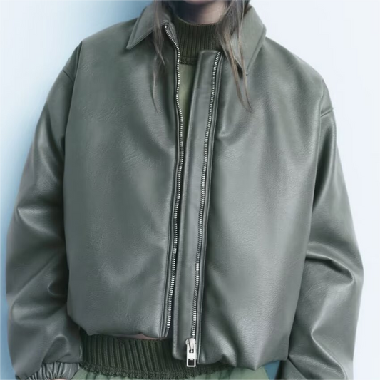 Women Winter Polo Collar Faux Leather Coat Coat Fashionable Warm Faux Leather Jacket - ALTARIA